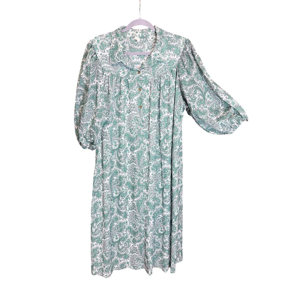 Vintage Green Paisley Midi Dress Size 22.5 Puff Sleeve Button Front cottagecore